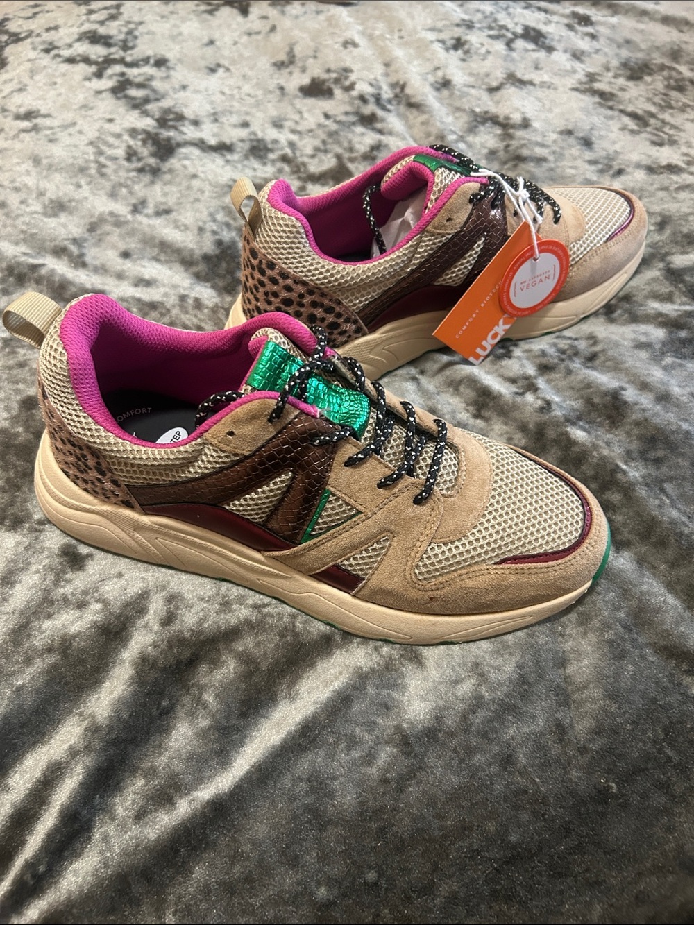 Women's Athletic Sneaker in Tan with Pink & Green Accents
